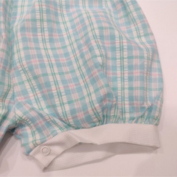 Vintage Alexis Turquoise Pink Plaid Romper Short Sleeve Girls 18M Lace Buttons - Picture 5 of 5